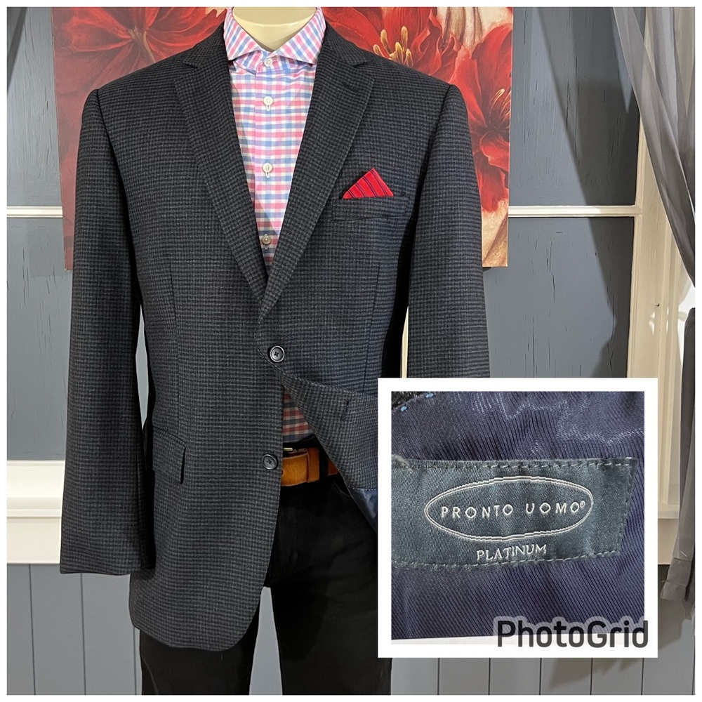 Pronto Uomo Blazer Mens 44L Long Wool Stretch‎ Gray Gingham Sport Coat Jacket